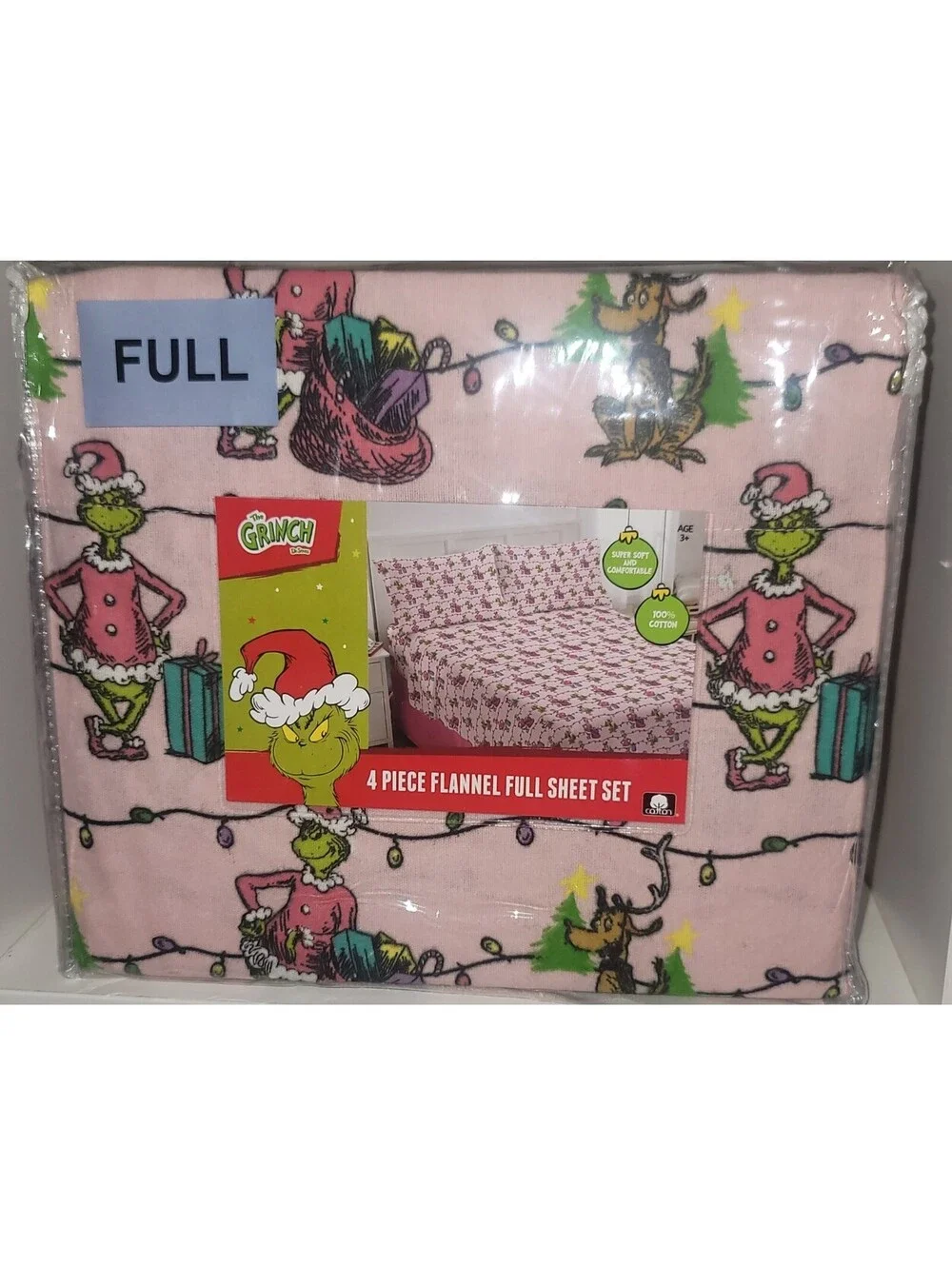 DR. SEUSS THE GRINCH CHRISTMAS PINK FLANNEL FULL SHEET SET NEW